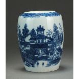 A Caughley tea canister transfer-printed with the Conversation pattern, lacking cover,