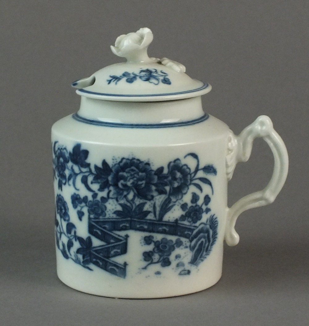 A Caughley wet mustard pot and cover transfer-printed with the Fence pattern, circa 1778-88,