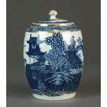 A Caughley tea canister and cover transfer-printed with the Fenced Garden pattern, circa 1786-90,