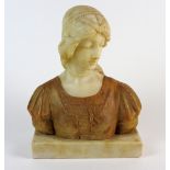 A late 19th century two tone Florentine alabaster bust of a young woman the rectangular base