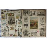 A Victorian leather bound scrap book containing fifteen double sided pages of cut-out prints,