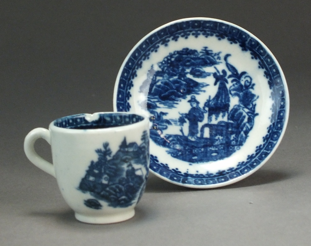 A Caughley toy coffee cup and saucer transfer-printed in underglaze blue with the Fisherman or