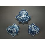 Three Caughley pickle leaf dishes transfer-printed with the Fisherman or Pleasure Boat pattern,