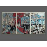 A Japanese woodblock triptych, circa 1889,