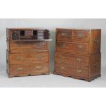 A pair of 19th century teak boxwood line strung campaign style chests of drawers,