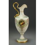 A Royal Worcester ewer painted with a central circular panel of fruits within a pale enamel and