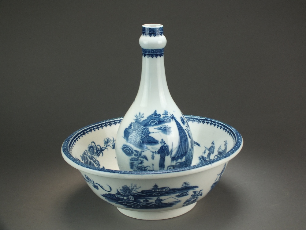 A Caughley guglet and wash stand bowl transfer-printed in the Fisherman or Pleasure Boat pattern,