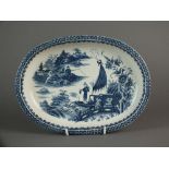 A Caughley oval baking dish transfer-printed with the Pleasure Boat or Fisherman pattern,