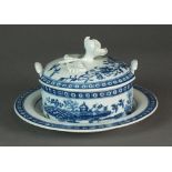 A Caughley butter pot, stand and cover, transfer-printed in the Fence pattern, circa 1778-88,