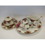 Four trays of Royal Albert Old Country Roses dinner and tea wares to include tureens, teapot,