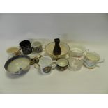 Two trays of Royal Commemorative and other china mugs, church wardens' pipes,