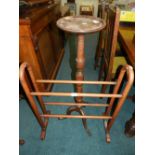 A 20th century four bar towel rail (at fault) along with a 20th century oak torchere