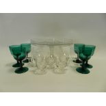 A tray to include a set of six 19th century green glass wines,