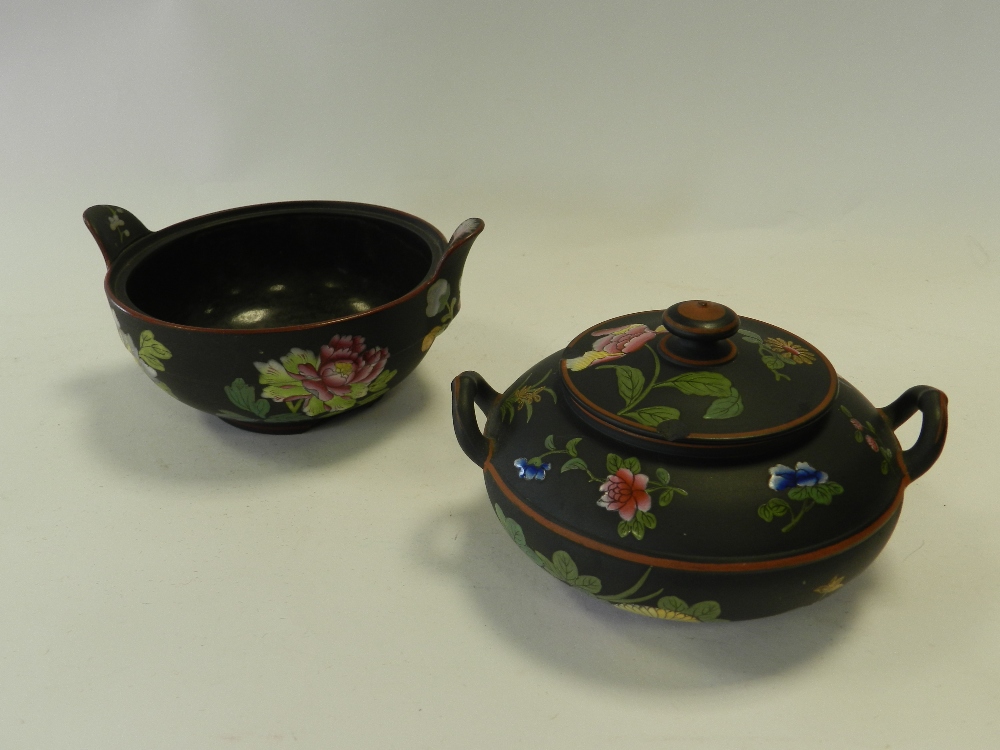 A Wedgwood basalt Capri ware two handled bowl and cover and another two handled bowl, damaged,