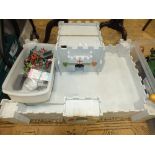 A scratch built white painted child's fort along with a box of assorted soldiers,