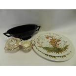 A tray of Victorian Staffordshire porcelain tea and dinner wares, a blue and white meat plate,