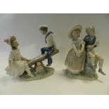 A Lladro group of children on a log seesaw and another Lladro group of two children the boy sitting