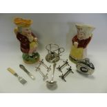 Two trays to include: a Snuff Taker Toby jug and Martha Gunn Toby jug,