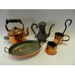 Three trays of copper and brass ware to include ale measures, saucepans, kettles,