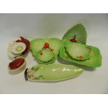A tray of Beswick lettuce and tomato wares and also decorative Carlton ware leaf dishes, etc.