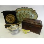 Six trays to include a George III mahogany unfitted tea caddy,