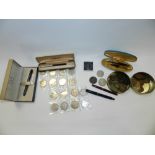 A collection of various silver coinage 19th/20th century together a collection of various pens to