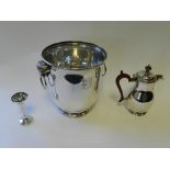 A plated wine cooler with ram mask loop handles together with a silver mounted posy vase and a