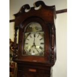 A late George III oak cased 30 hour longcase clock with arches white enamel dial over shaped trunk