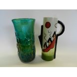 A Lorna Bailey jug in Somerville colour way and a dimpled green and yellow streaked Art Glass vase