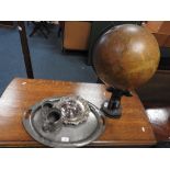 A Geographic 12 inch terrestrial globe (for restoration), a pewter tray and two tankards,