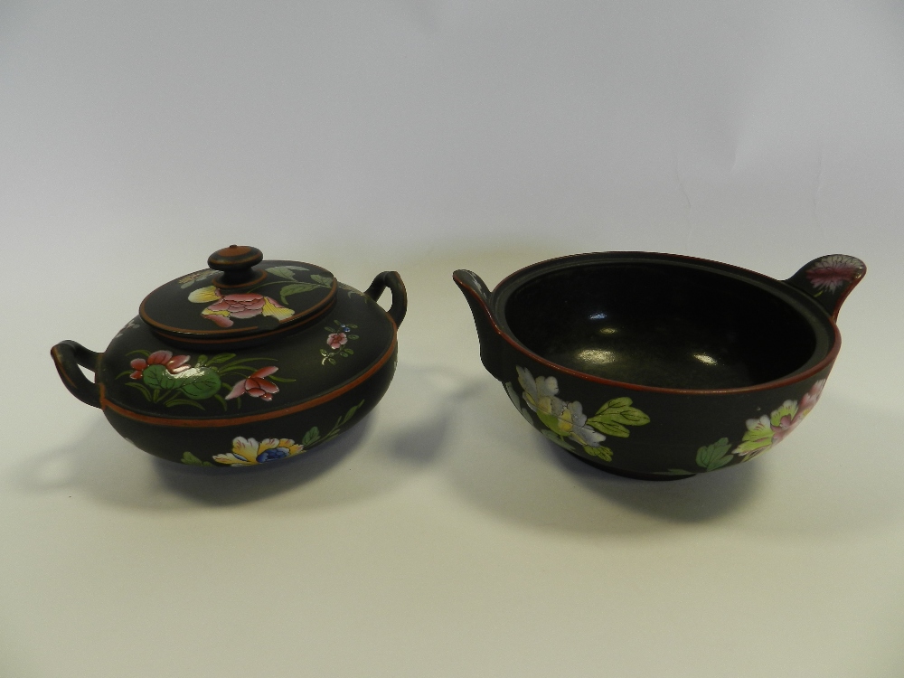 A Wedgwood basalt Capri ware two handled bowl and cover and another two handled bowl, damaged,