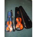 A child's Chinese violin in case and a cased adult violin by Chantry and Bow