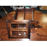 A simulated rosewood corner wall cabinet with classical inlay and a stained pine three height open