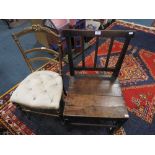 A George III oak kitchen chair with boarded seat along with a Louis XVI style giltwood bedroom