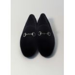 A pair of Gucci slipper style loafer, black velvet with silver horse bit detail, UK 8