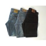 Three pairs of jeans, two blue, one black, to include Tough Jeansmith and Rivet de Cru, size 34/34
