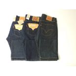 Three Levi 501 jeans, blue, two with tags, 34/34
