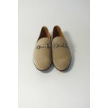 A pair of Gucci slippers, sand suede with burnished silver horse bit detail, UK 8