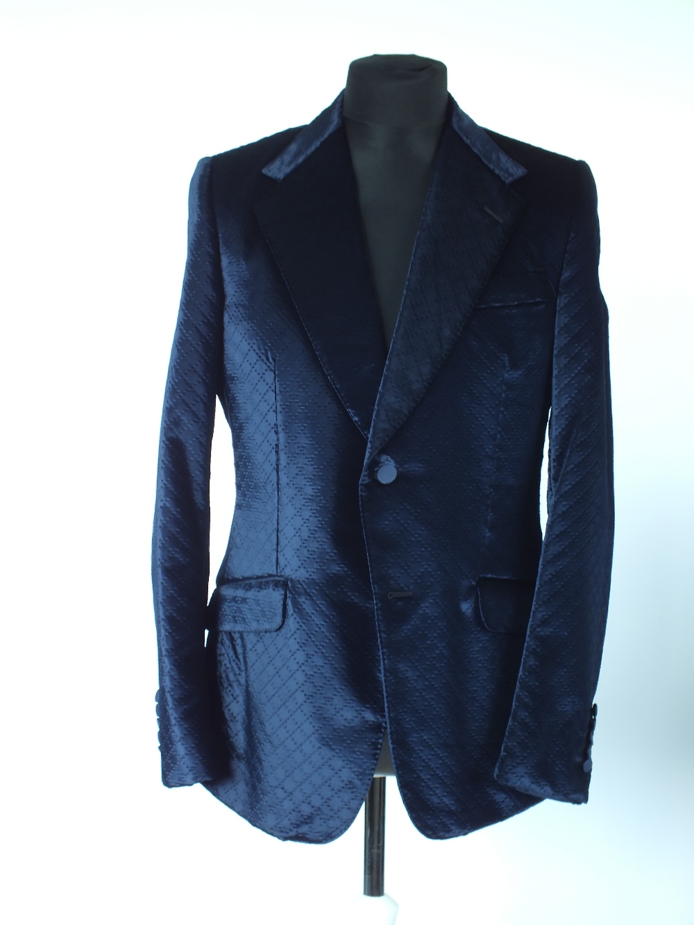 A Gucci jacket, indigo, velvet with embossed diamond pattern, grosgrain button, double vent,