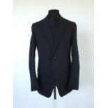 A Prada suit, dark blue, single vent, 100% cotton, Italian size 54R, flat front to trousers, Italian