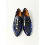 A pair of Gucci slip-on loafers, black blue and grey leather with pewter finish horse bit, UK 8