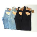 Four Levi 501 jeans, two blue, two black, all brand new, 34/34