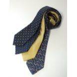 Four ties, blue with yellow spot, blue with cream spot (some wear), yellow and black strip and blue,