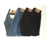 Four pairs of Levi 501 jeans, two blue, two black, one with tags, 34/34