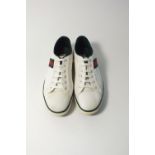 A pair of Gucci plimsolls/tennis shoes, white with Gucci ribbon detailing, canvas, EU 42.5, signs of