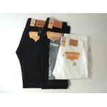 Three Levi 501 jeans, two black, one white, all with tags, 34/34