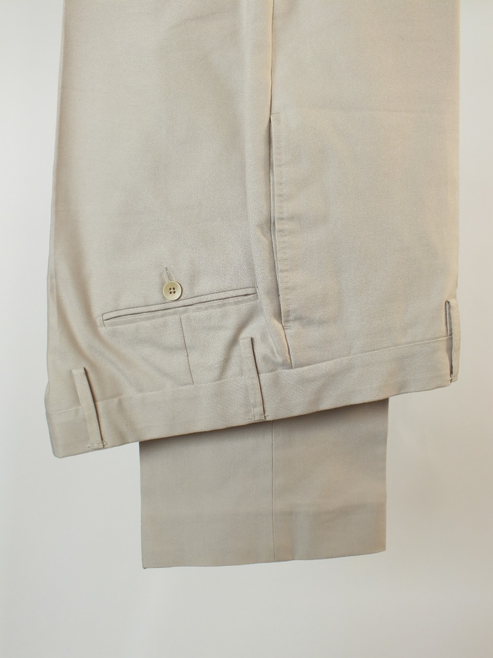 A Gucci suit, stone, double vent, Italian size 50R, 100% cotton, flat front , button fly, signs of - Image 6 of 6
