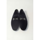 A pair of Gucci evening slippers, black velvet with Gucci horse bit silver detail, UK 8.5