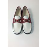 A pair of Gucci boat shoes, red, white and blue leather, silver horse bit, UK 8.5