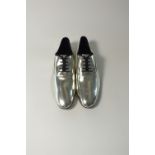 A pair of Gucci lace up shoes, silver leather, grosgrain detail with Gucci logo, black laces, EU